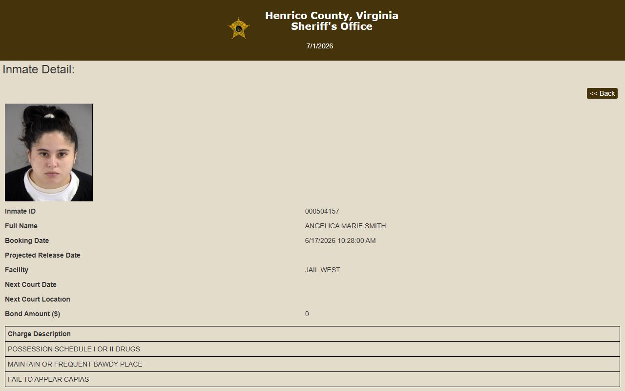 Henrico County inmate record detail page with booking photo and charge fields