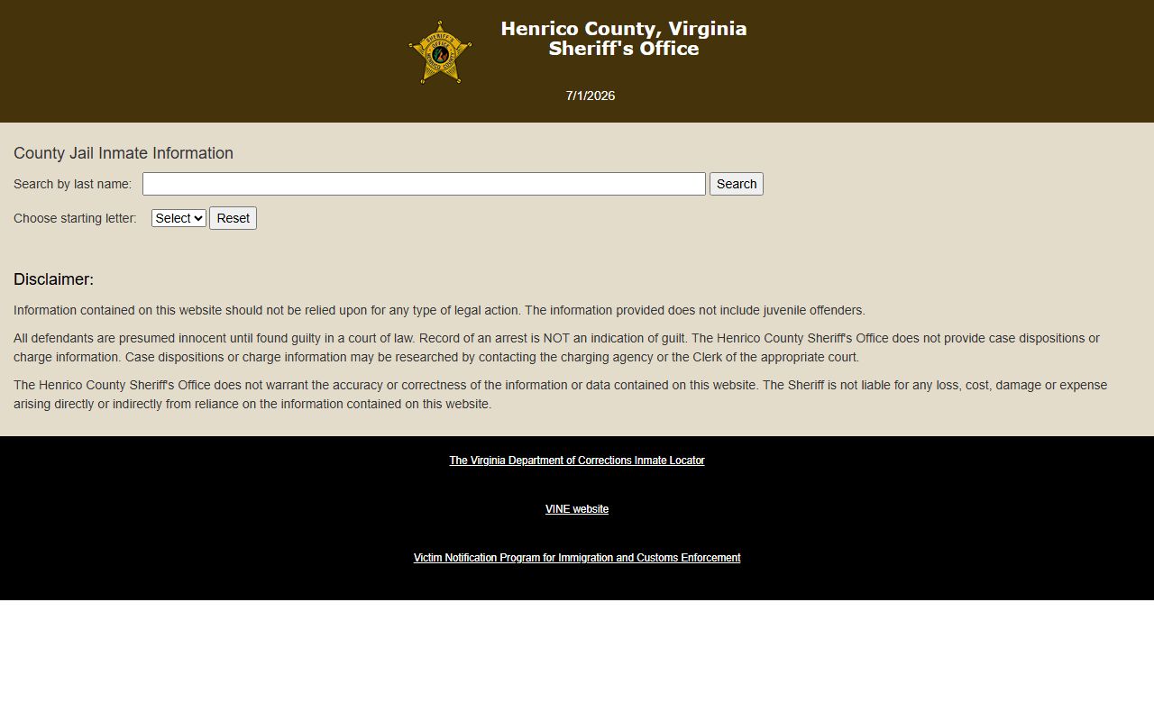 Henrico County inmate population jail roster search form