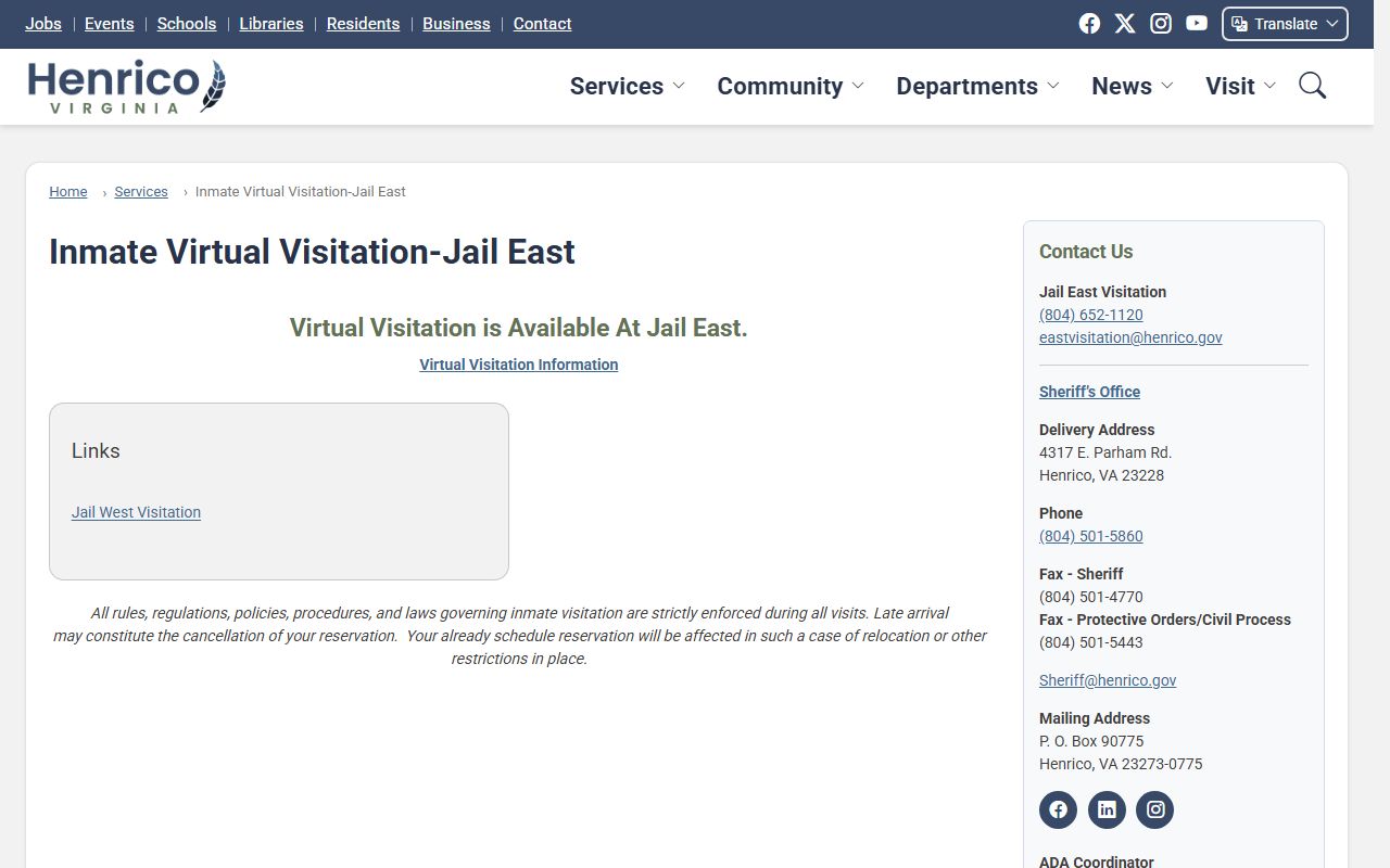 Henrico County Regional Jail East inmate visitation information