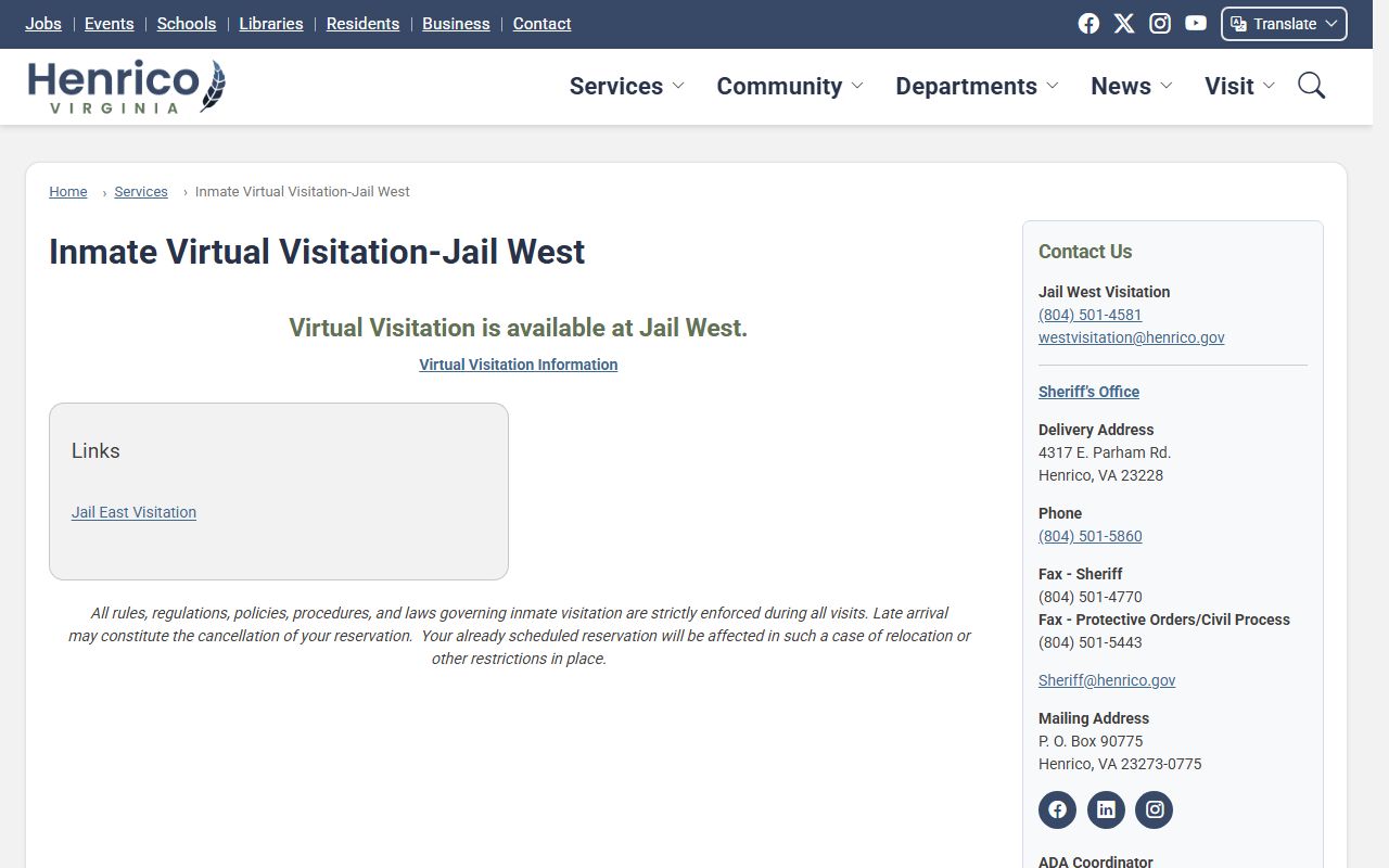 Henrico County Regional Jail West inmate visitation information