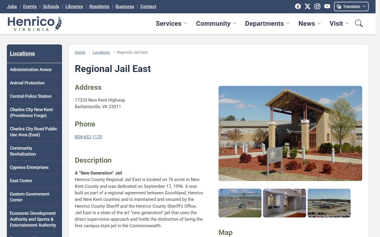 Henrico County Regional Jail East inmate custody location page