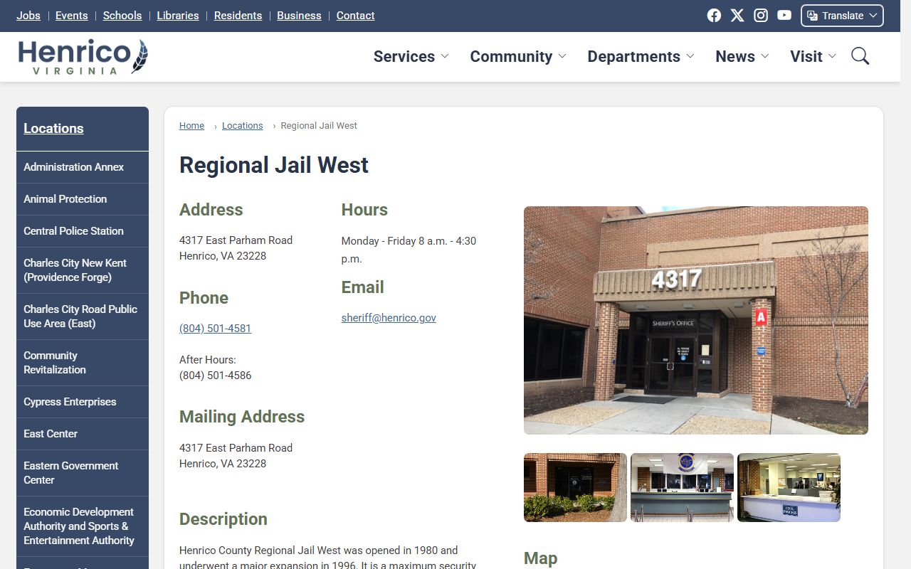 Henrico County Regional Jail West inmate custody location page